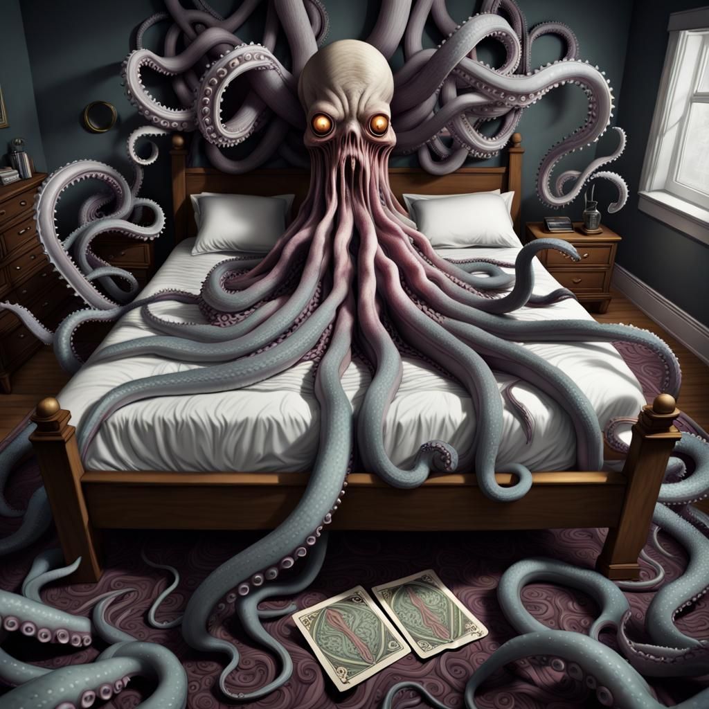tentacles capture a person in his bed ,bound inside bed by t...