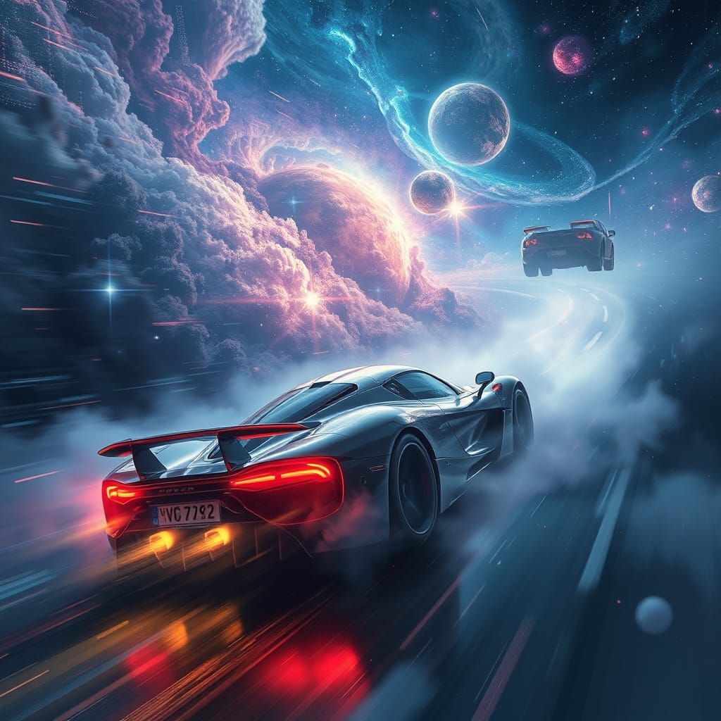 Supercar Rushes Through Starry Galaxy in Dreamy Landscape