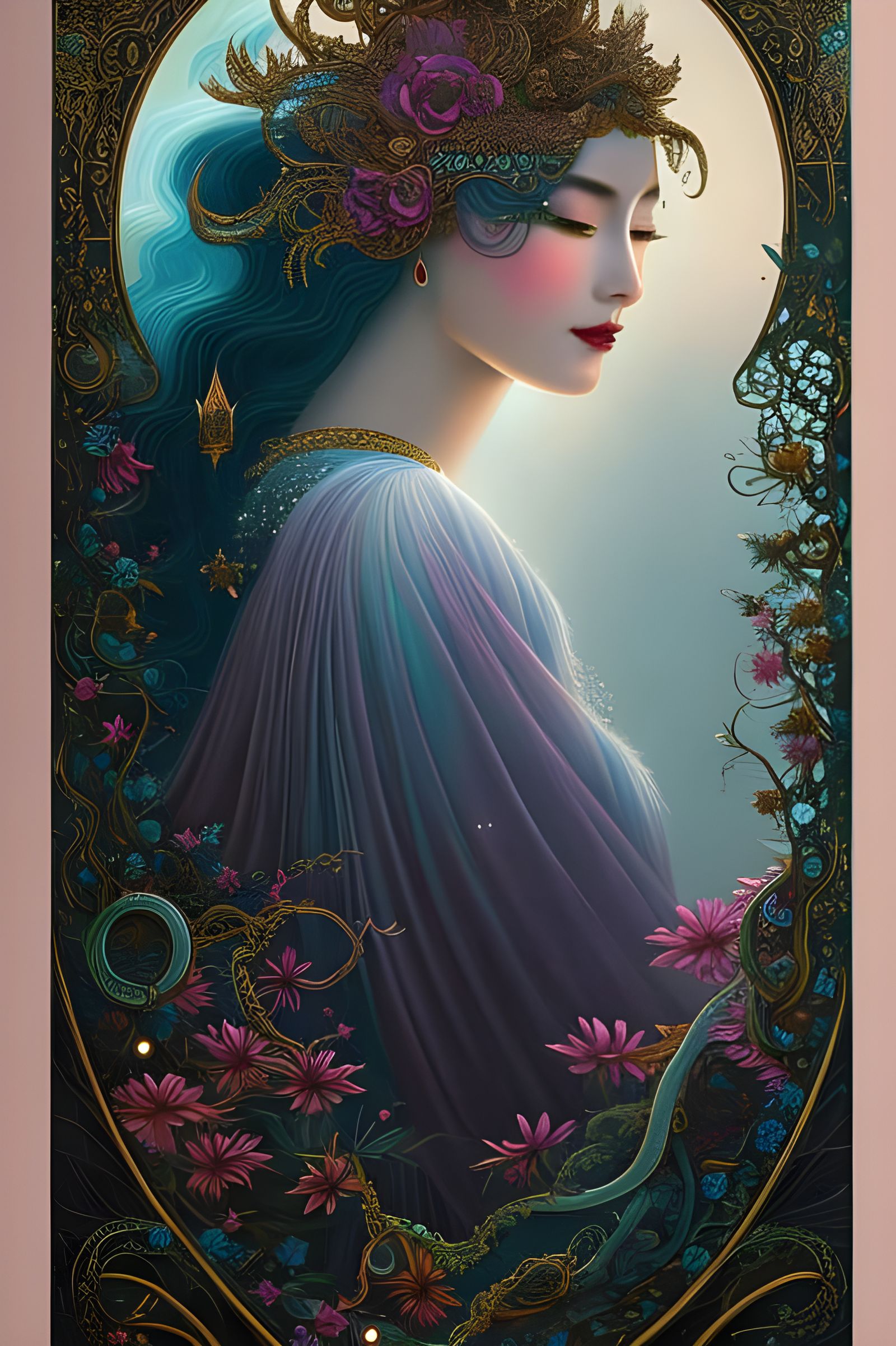 Magical Asian Sorceress in Spooky Rococo Illustration