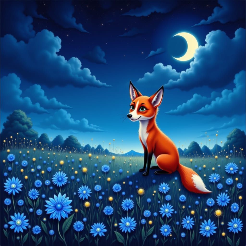 Red Fox in Blue Wildflowers Under Moonlight