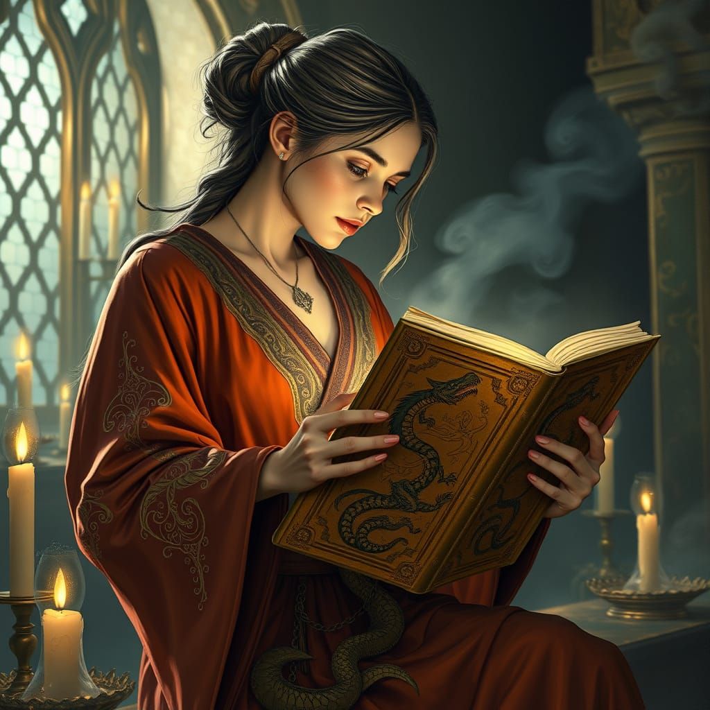 Woman Opens Dragon Tome in Ornate Fantasy Style