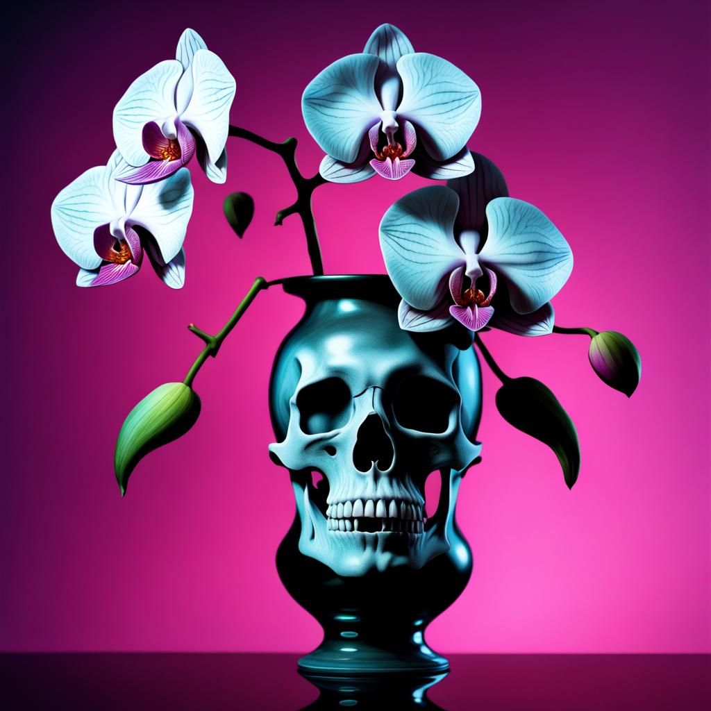 Orchid and Skull in Vase: Tim Burton Style