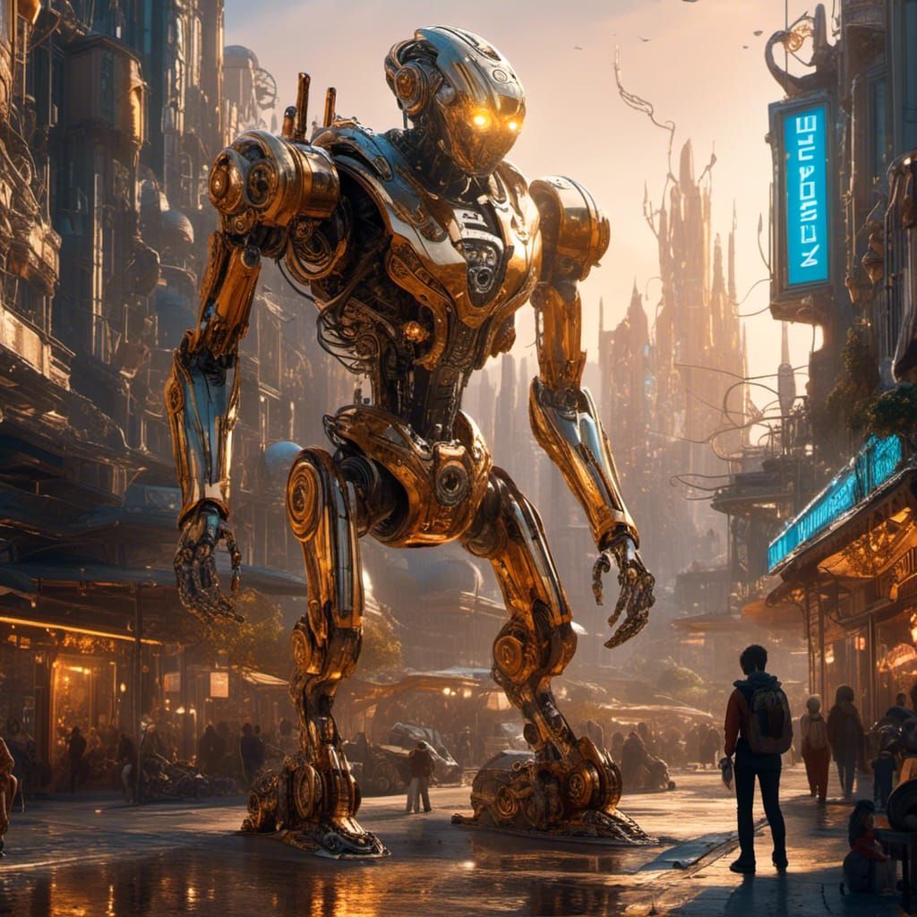 Futuristic Robot Protector in Glowing Metropolis