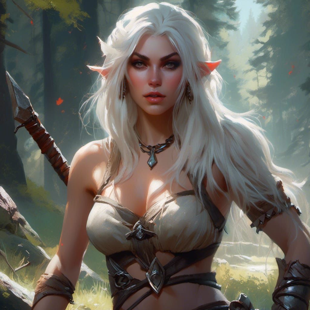 Muscular Elf Barbarian Girl in Forest, Detailed Render