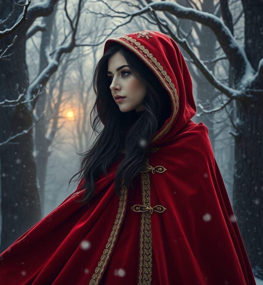 Ethereal Victorian Goddess Embodied in Snowy Forest