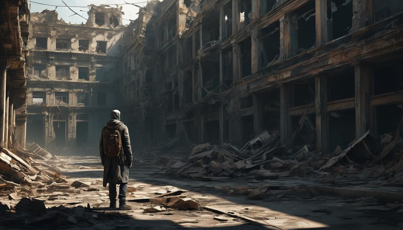 Desolate Humanity in Ruined Cityscape, Digital Art