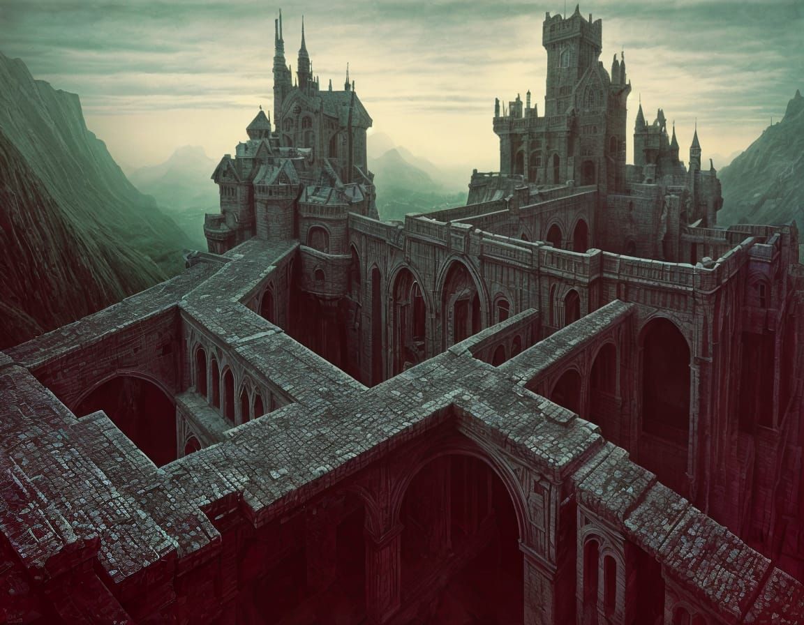 Surreal Castle with Drawbridges in Dark Dreamscape