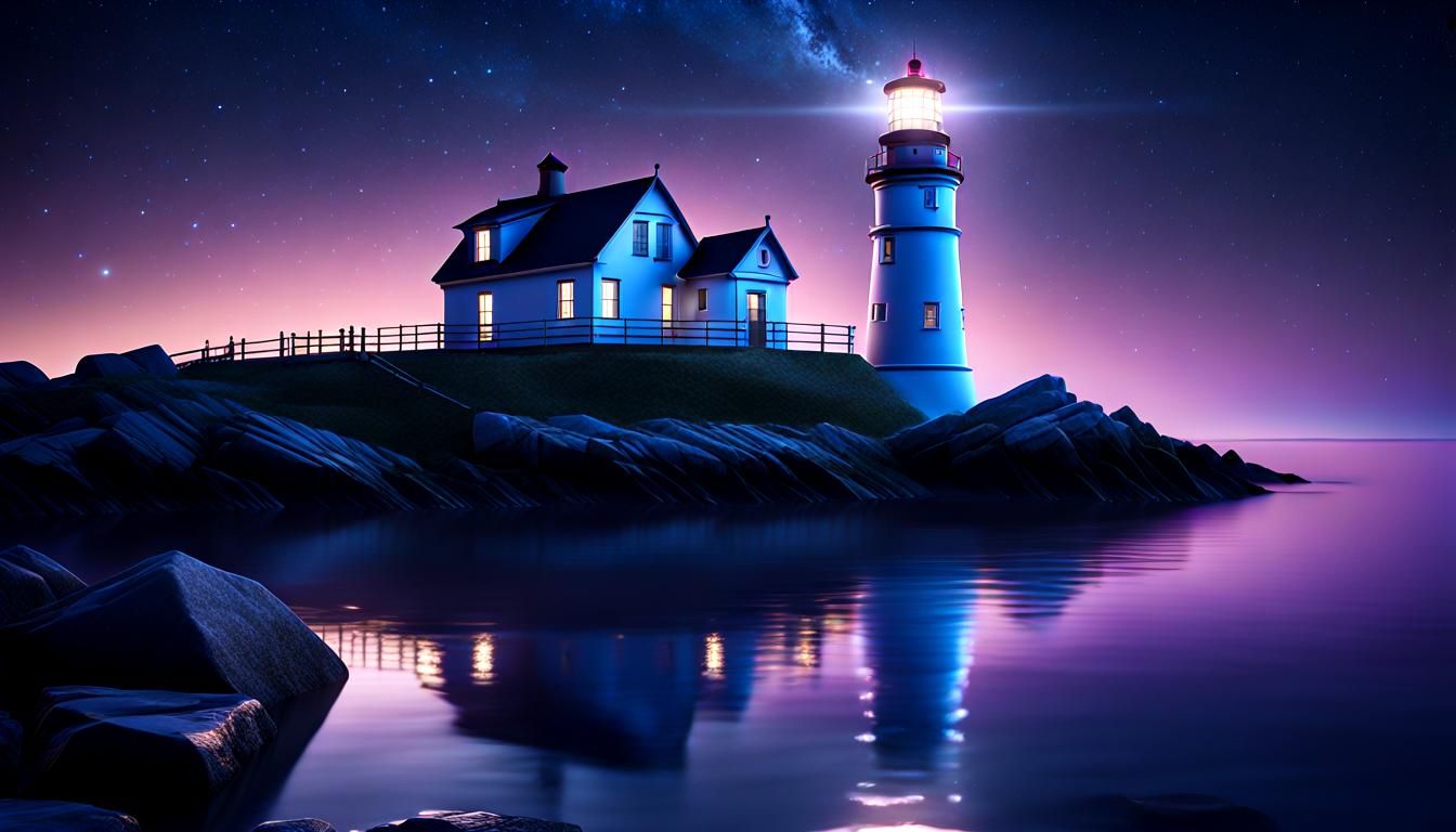 Lighthouse Under Starry Night Sky in Hyperrealism