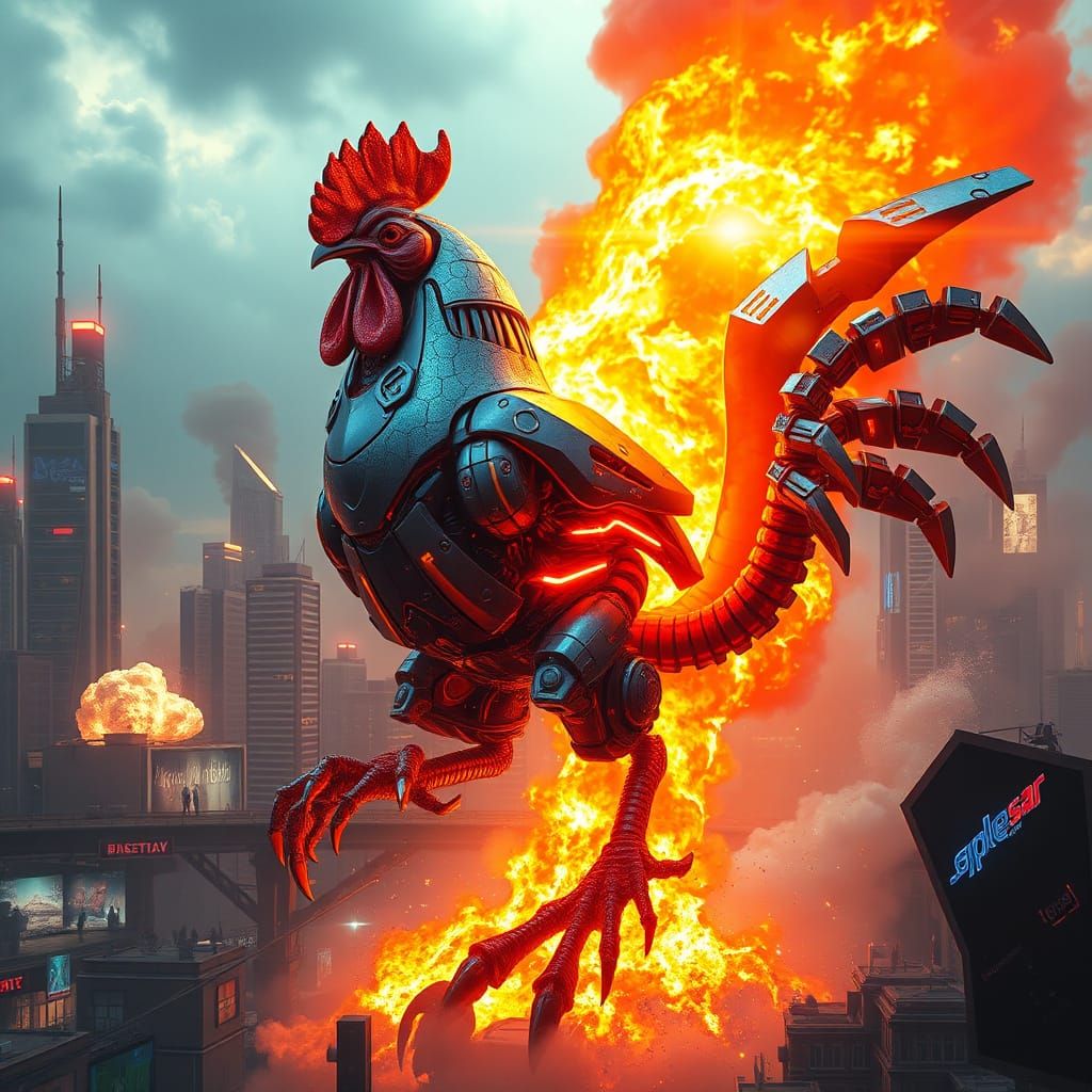 Cyberpunk Robot Chicken Unleashes Inferno on Dystopian City
