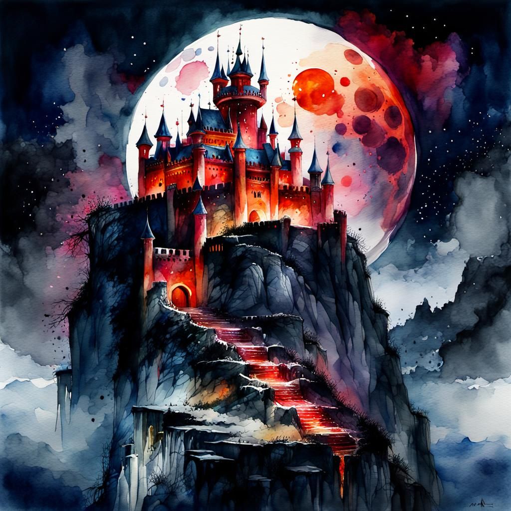 Majestic Castle Under Blood Moon in Watercolor Style