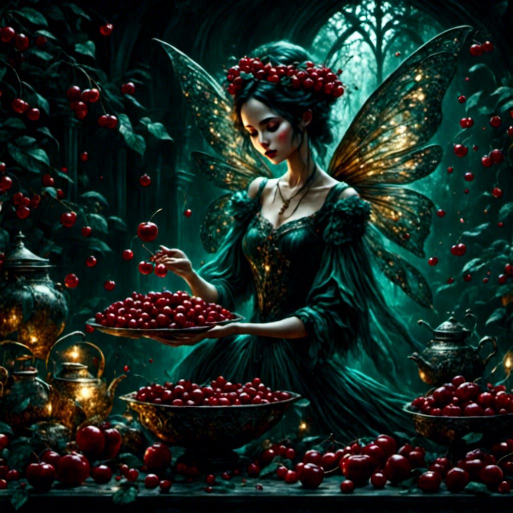Tiny Fairy with Giant Cherry in Fairytale Style