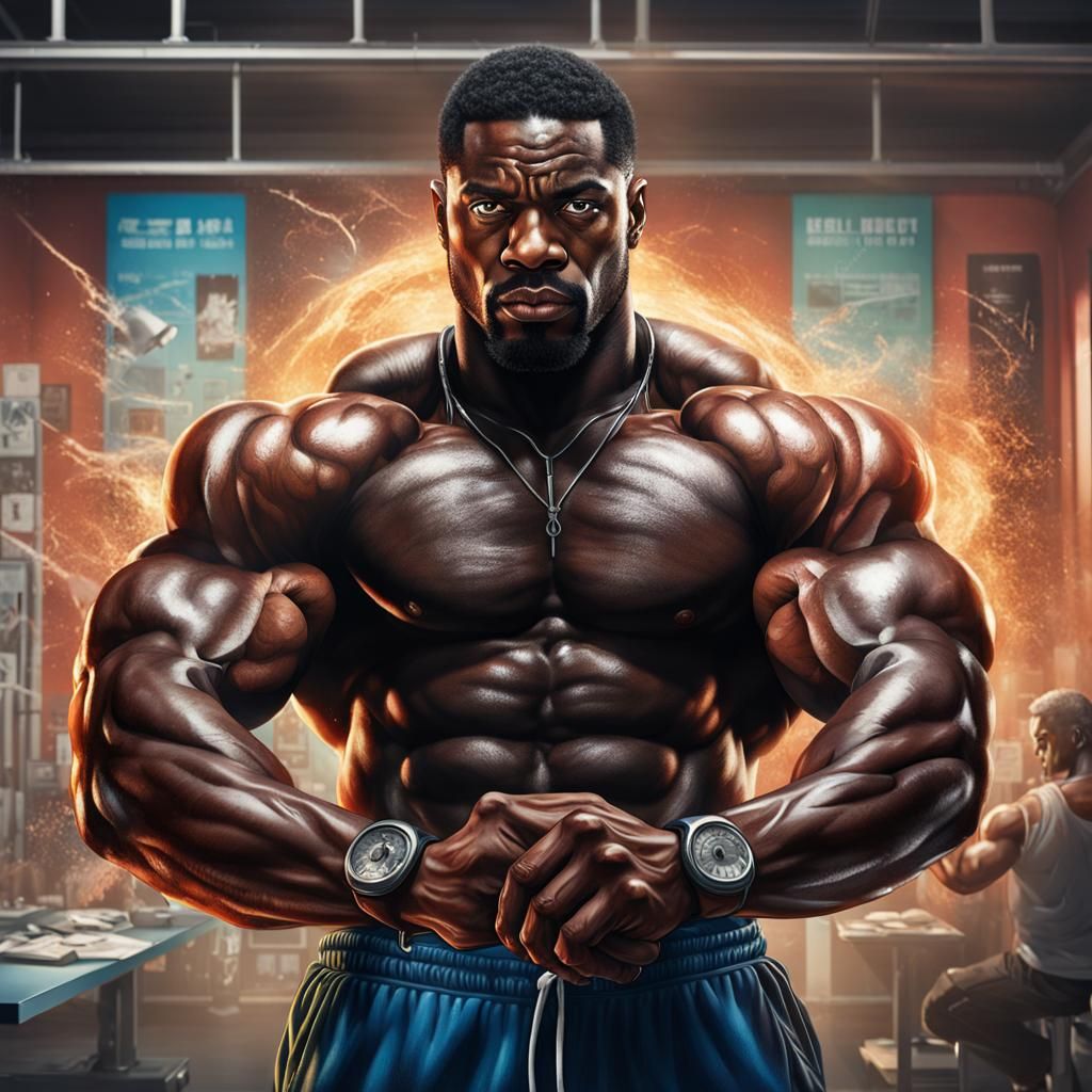 Hyperrealistic Muscular Man Flexing Biceps in Health Center