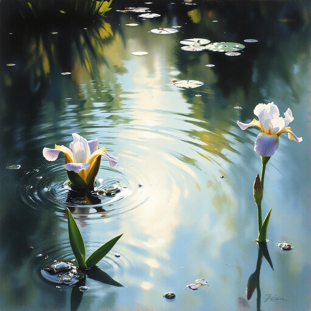 Monet-Inspired Serene Pond with Faint Purple Irises