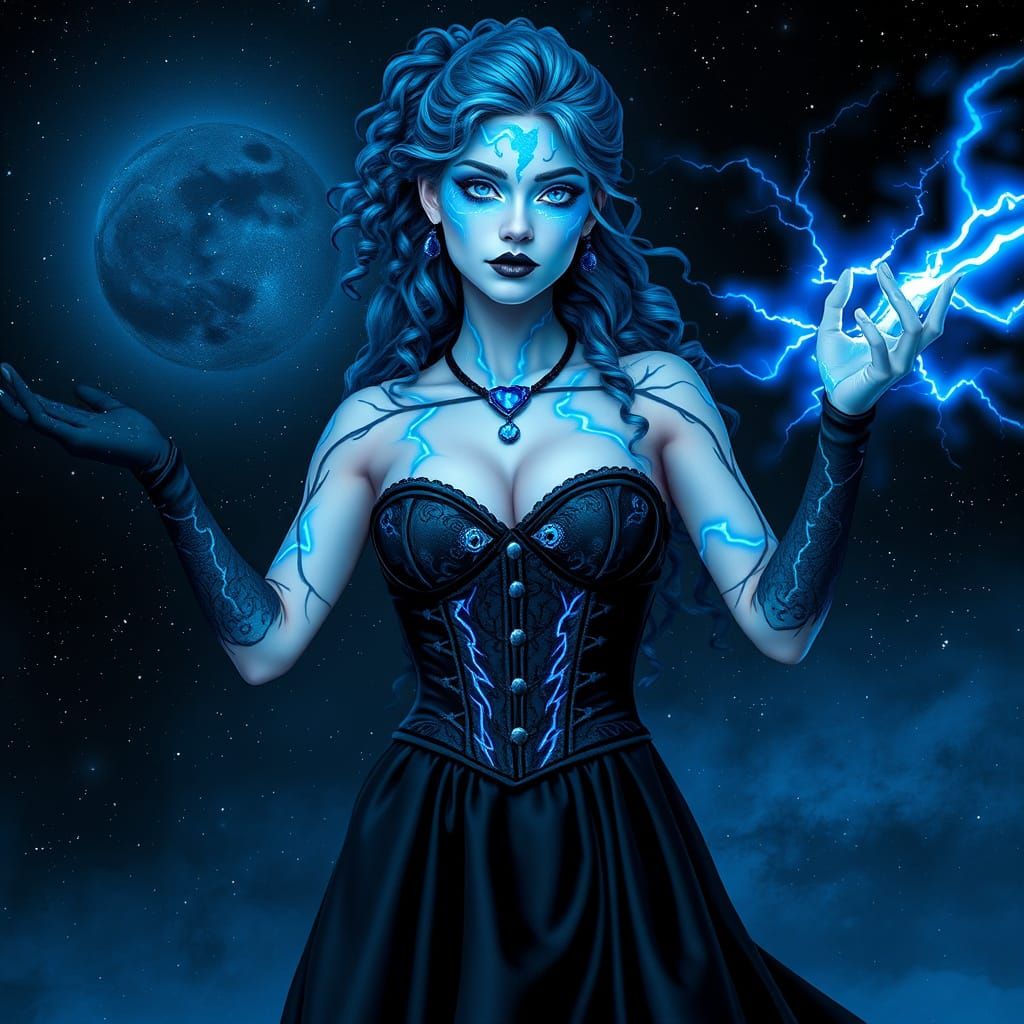 Majestic Space Goddess in Vibrant Blue and Black