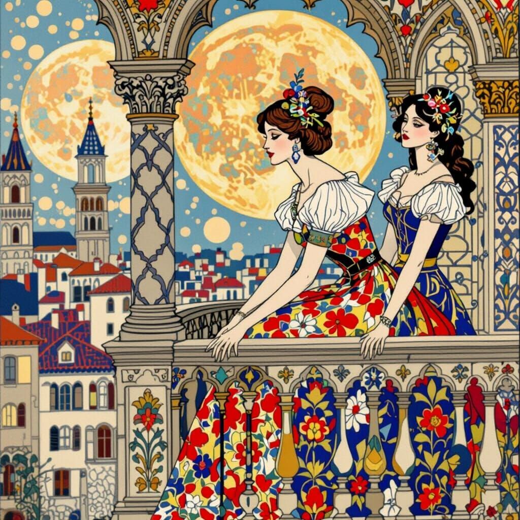 Gothic Princess on Balcony in Moonlight