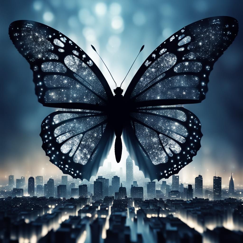 Butterfly Cityscape Double Exposure in Silver