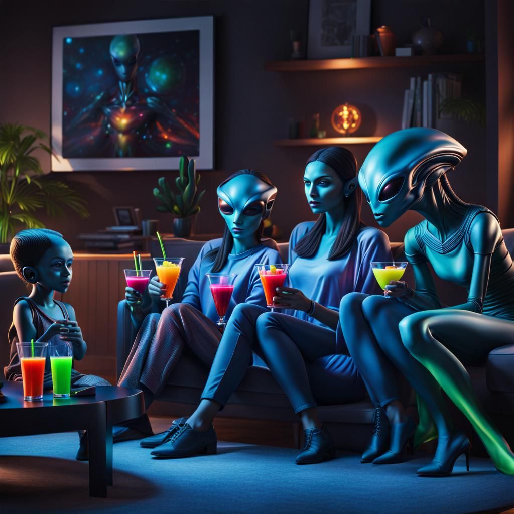 Beautiful Alien family with human mother watching tv togethe...