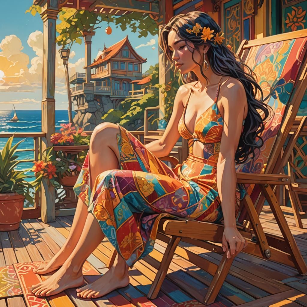 Woman in Bikini Beside Deck Chair: Ghibli-Style Art