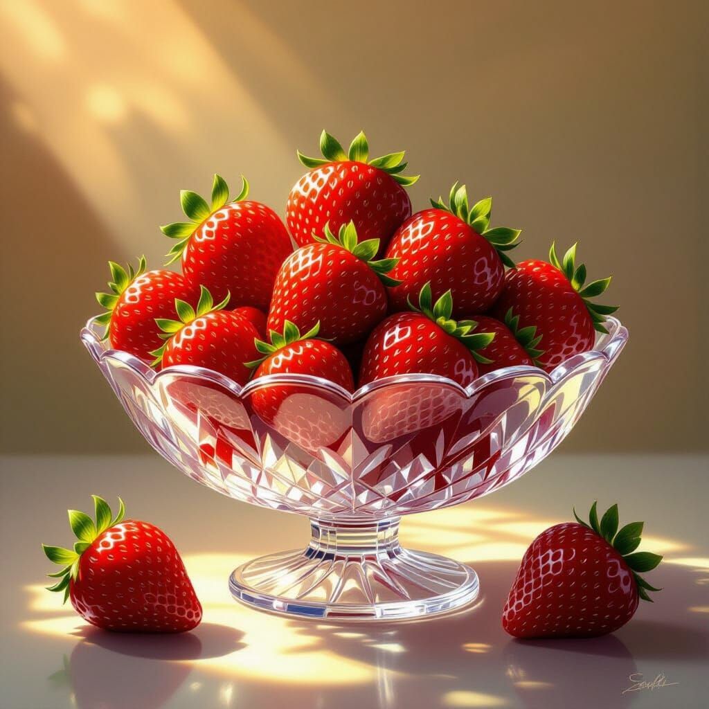 Hyper-Realistic Strawberries Overflowing from Crystal Bowl