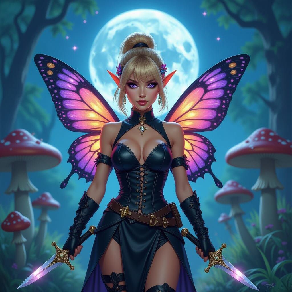 Fairy Warrior in Moonlit Mushroom Grove