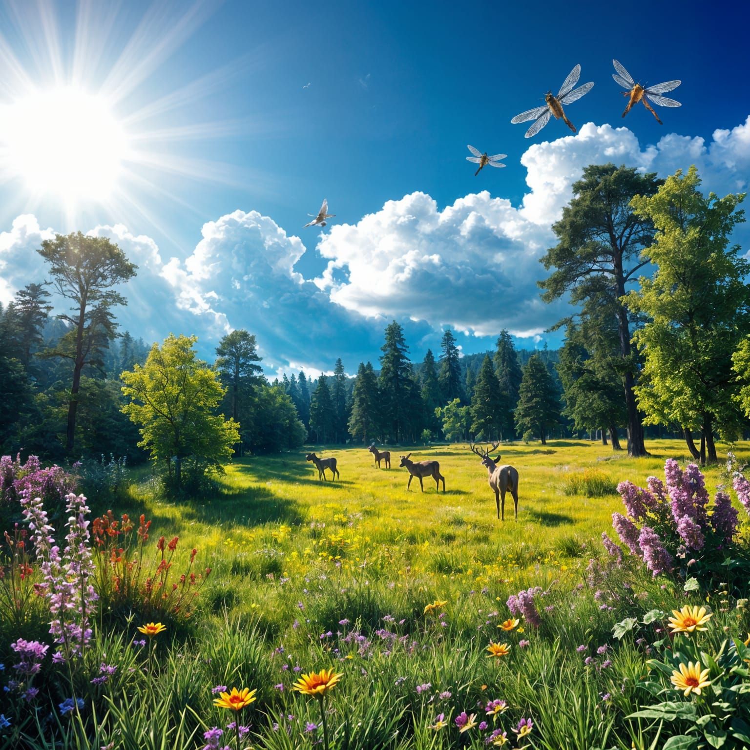 Lush Spring Forest Scene with Vibrant Wildflowers and Grazin...