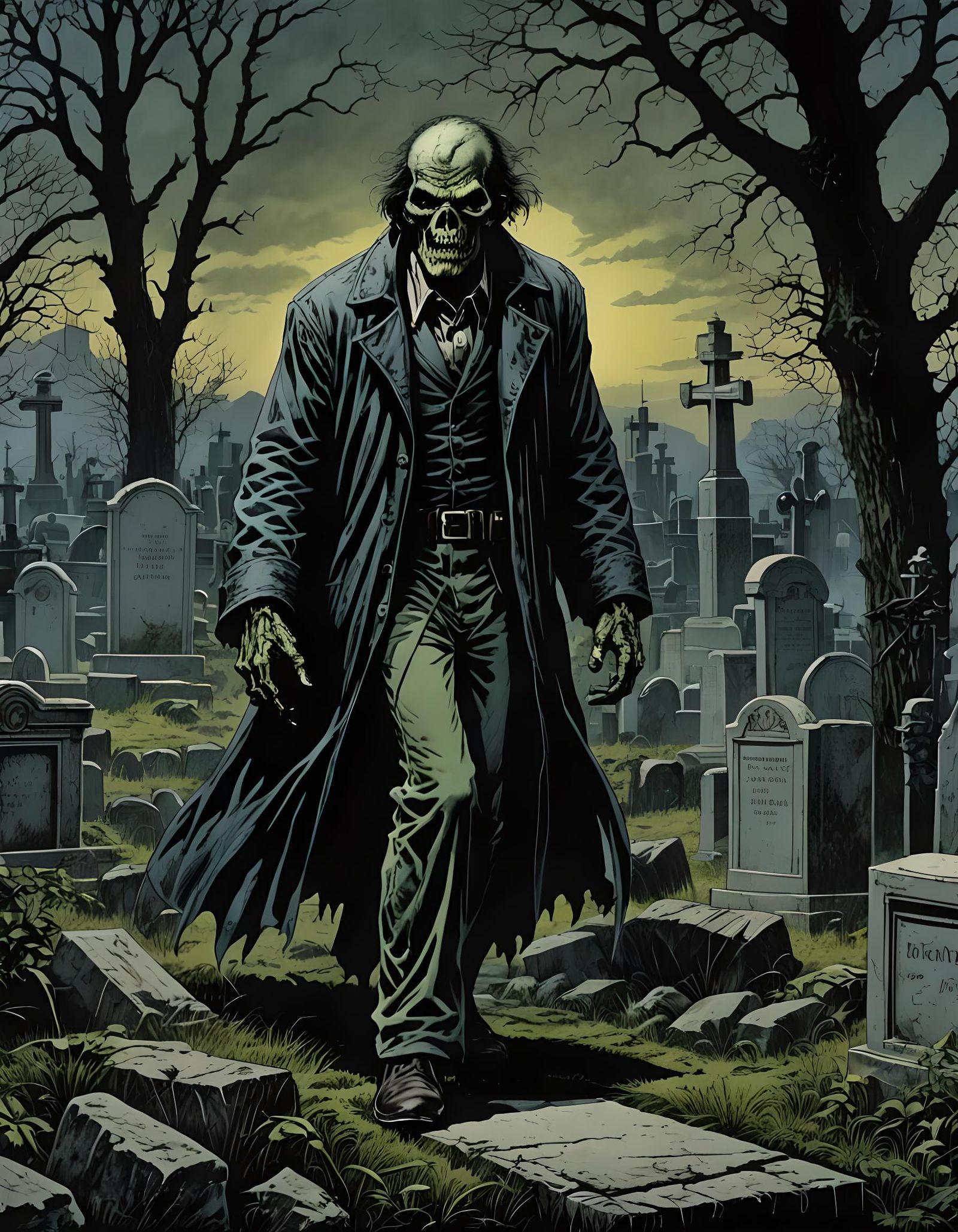 Ghoul in Dark Cemetery, Colored Ink Art