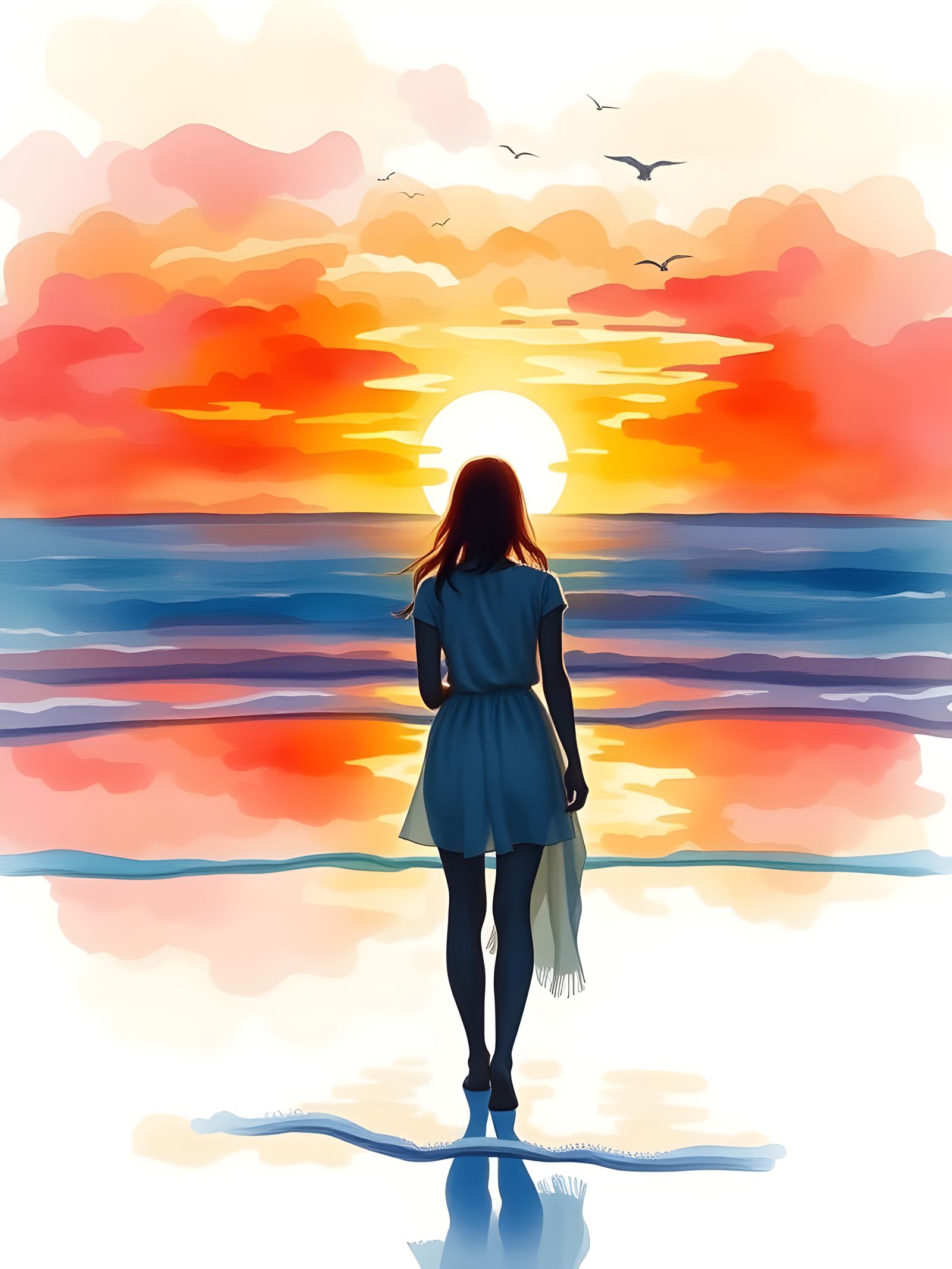 Vibrant Sunrise on Seaside Coast, Soft Watercolor Painting