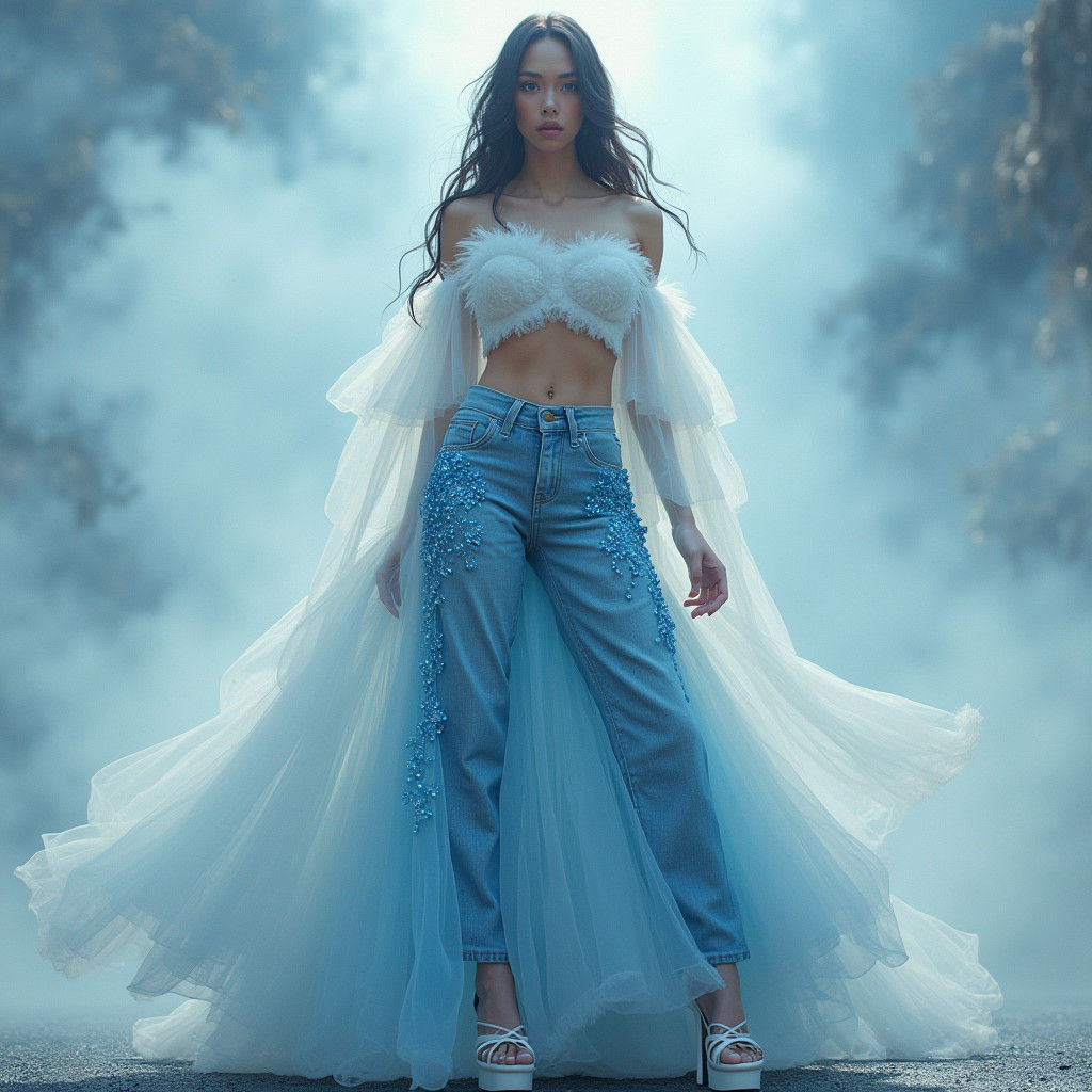 Regal Woman in Iridescent Beaded Denim and Tulle Amidst Swir...