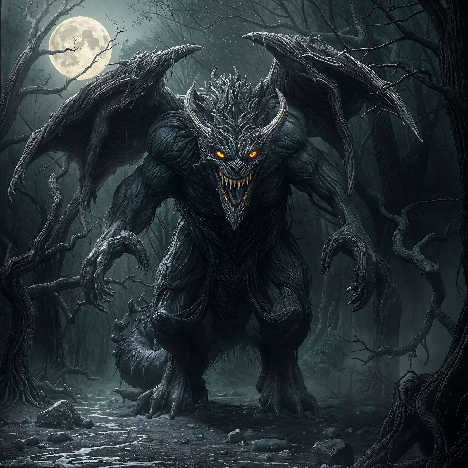Dark Gothic Horror Creature in a Foreboding Woodland
