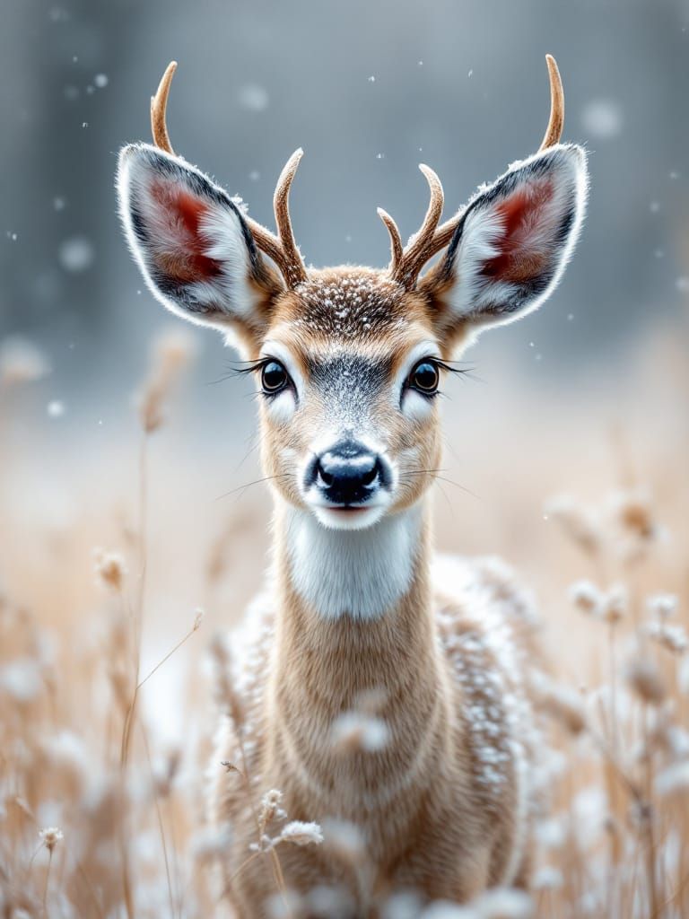 Serene Young Deer in Snowy Meadow Painterly Style