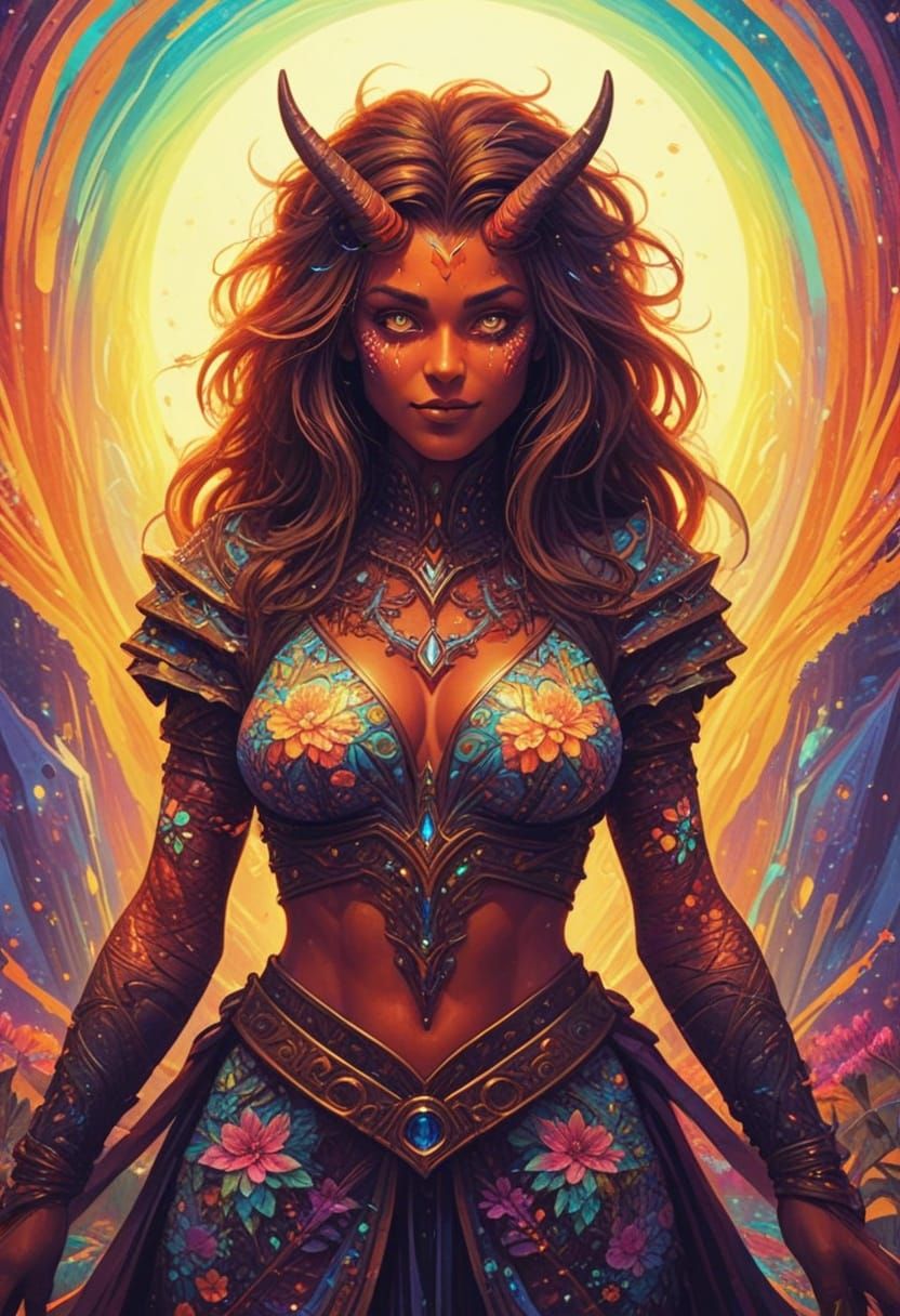 Mysterious Winged Demon in Vibrant Surreal Landscape