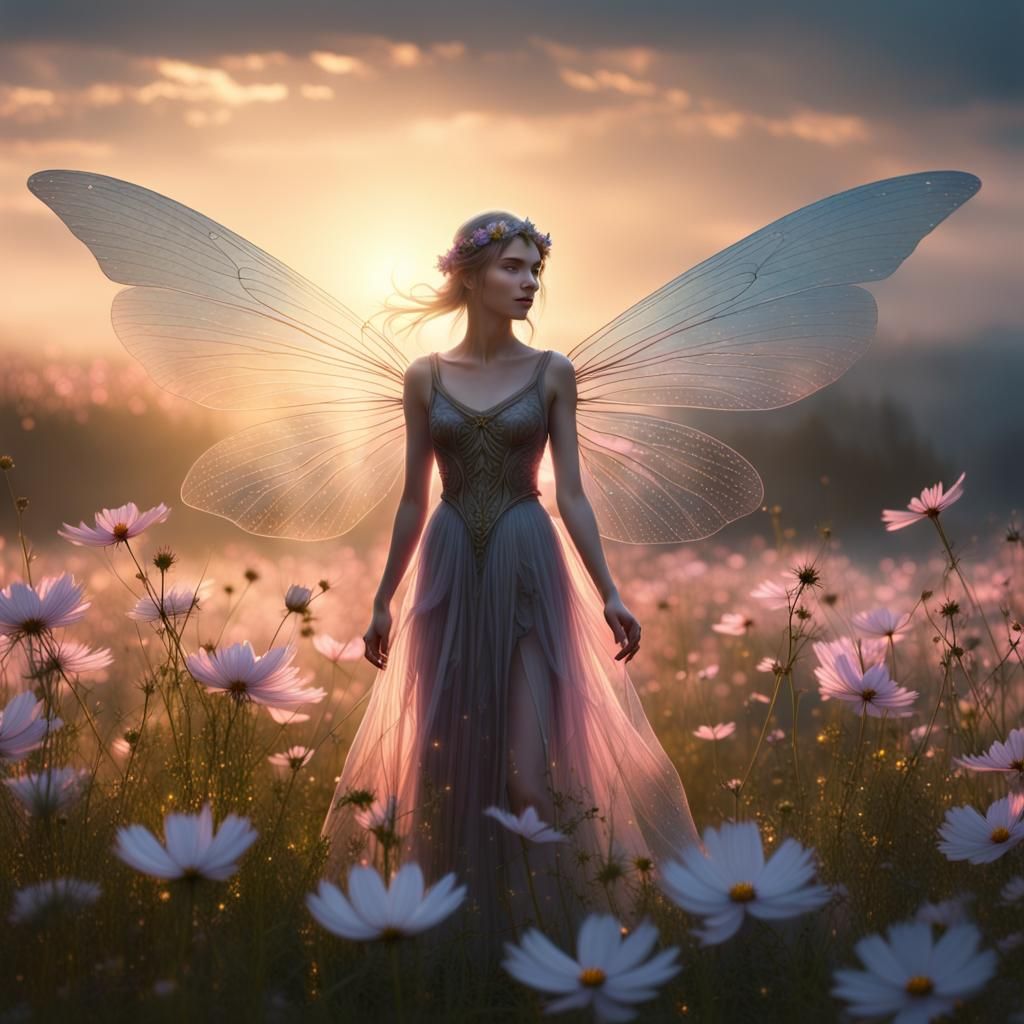 Fairy in Cosmos Field at Dawn: Digital Matte Painting