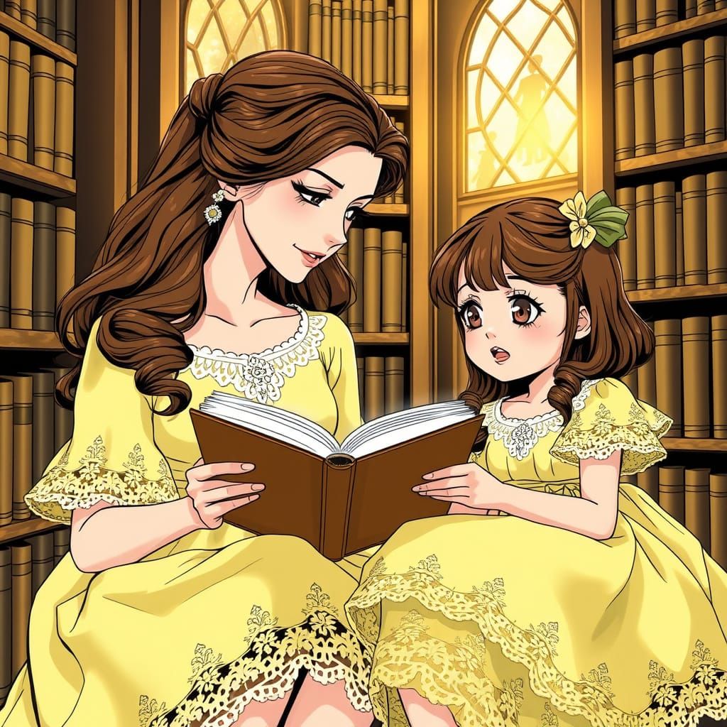 Mother and Daughter Read Together in Cozy Library Nook