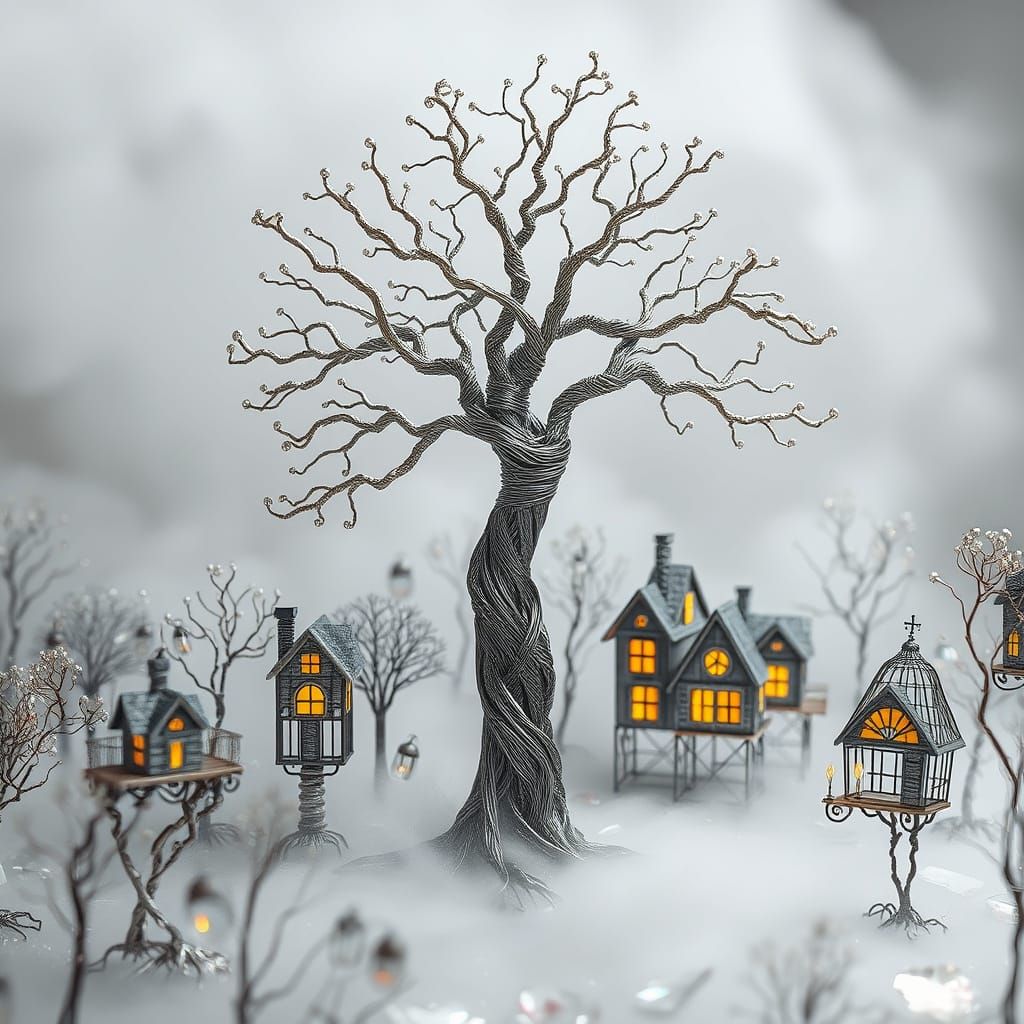 Surreal Metallic Wire Tree in a Wireframe Forest