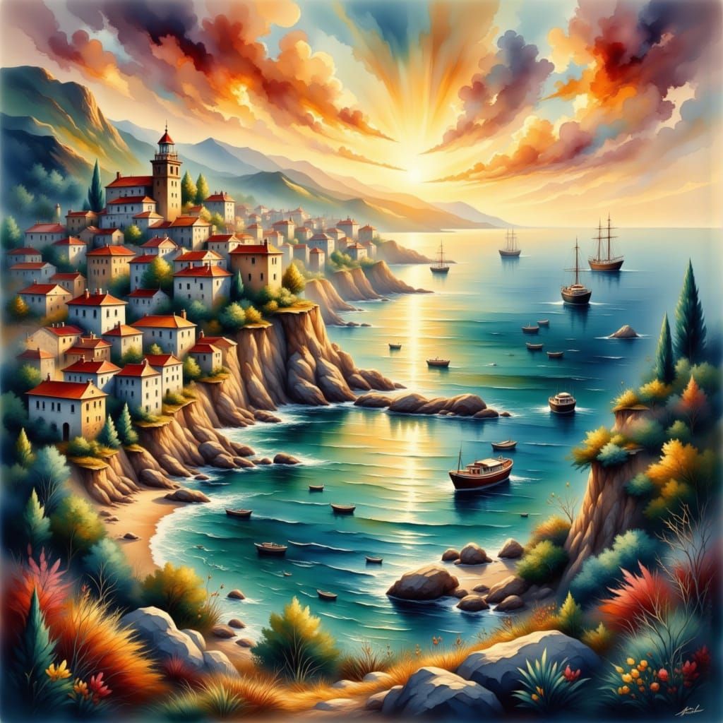 Golden Hour Cityscape by the Sea