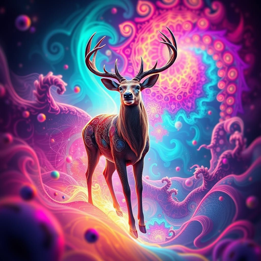 Mystical Deer Among Vibrant Abstract Fractals