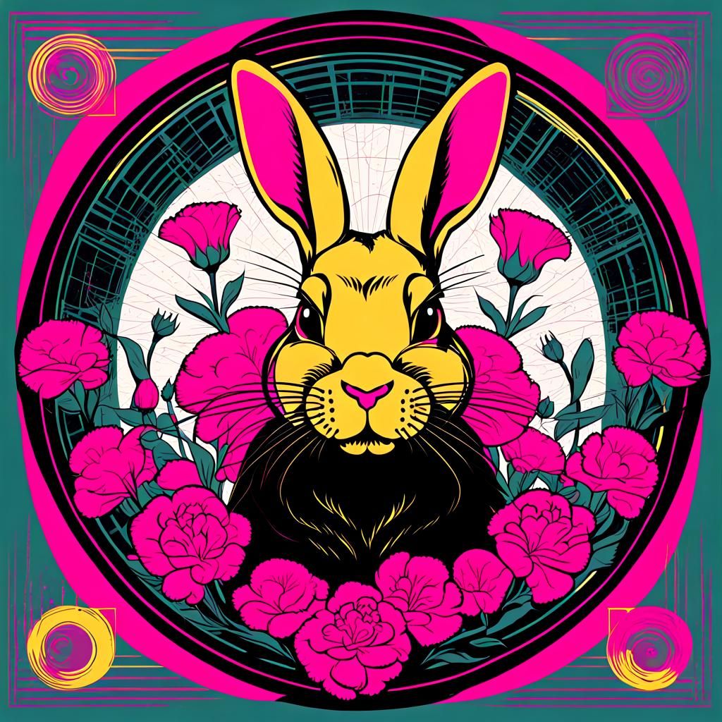 Magenta Black Rabbit Among Carnations Pop Art Style