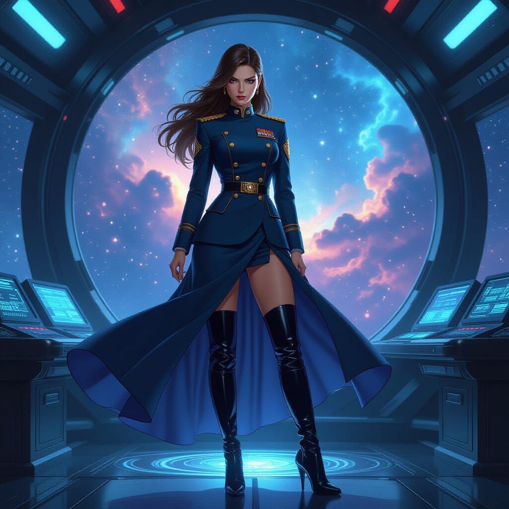 Stoic Female Admiral on Starship Bridge