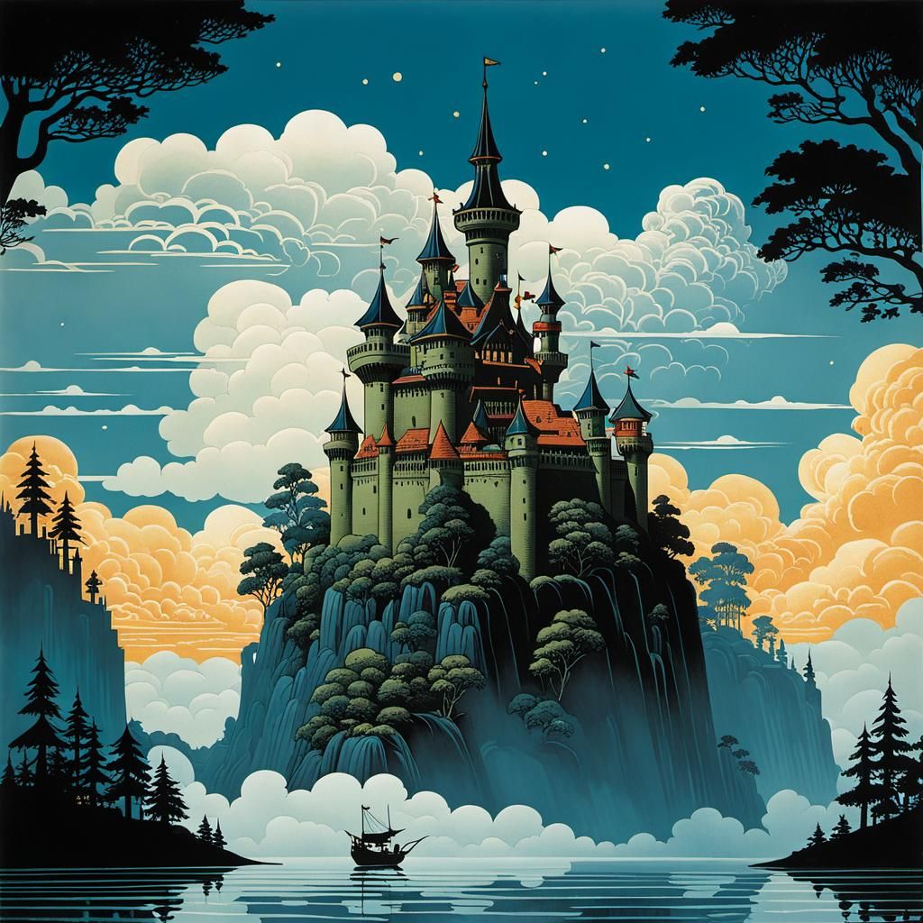 Floating Island Castle in Shadow Puppet Style