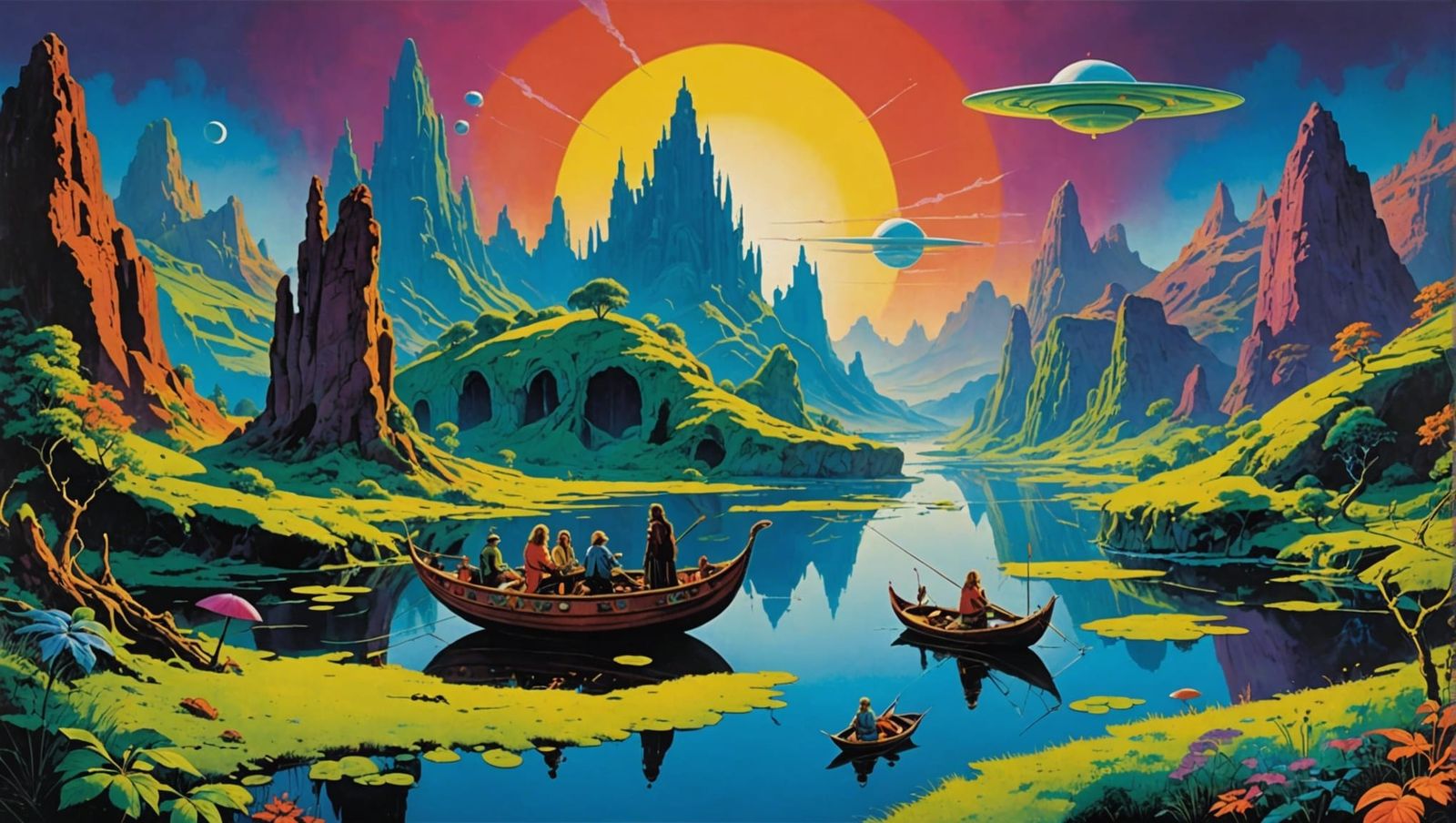 Psychedelic River Scene with Rock Band in 1960s Style