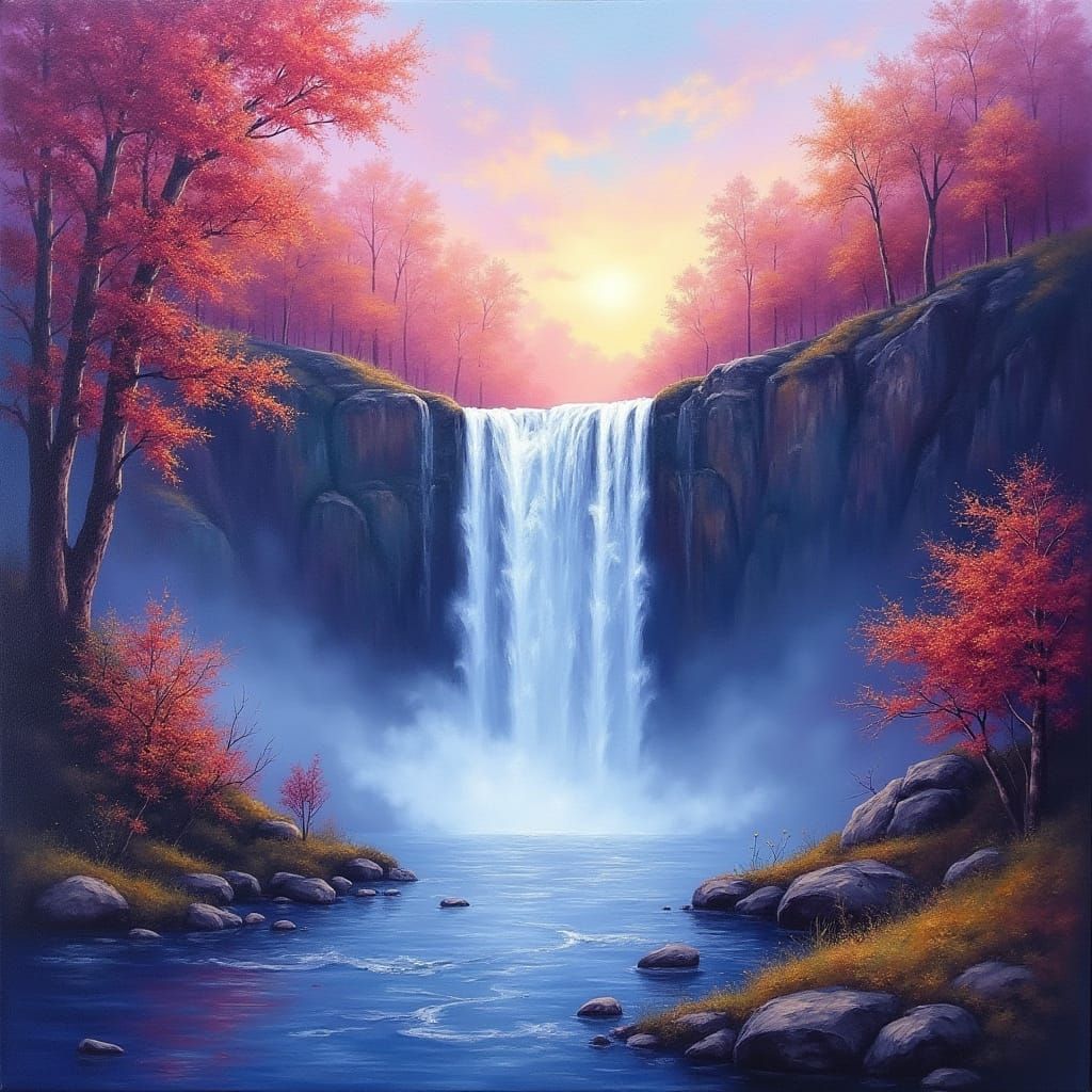 Vibrant Autumn Waterfall in Bob Ross's Acrylic Style