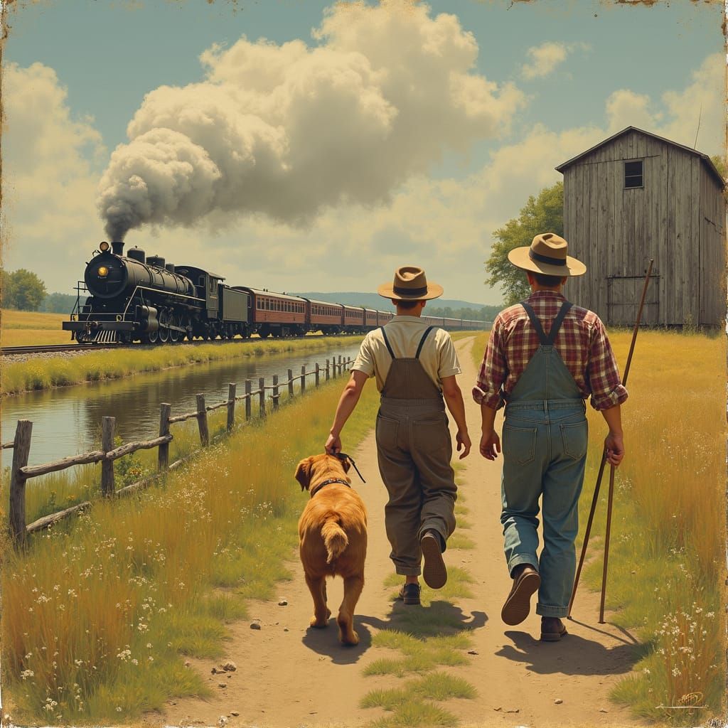 Boys Fishing with Dog in Nostalgic Americana Style