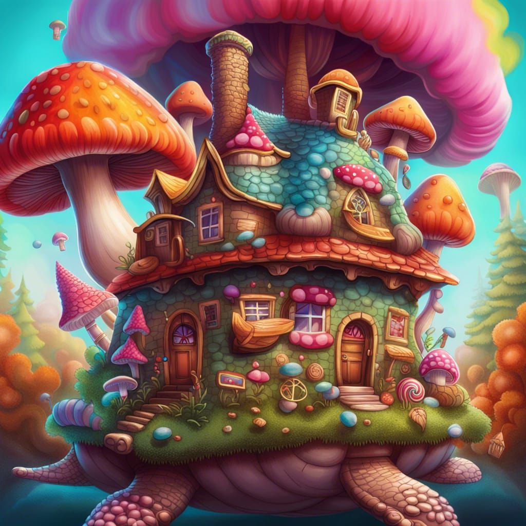 Whimsical Turtle with Mushroom House in Candyland Art