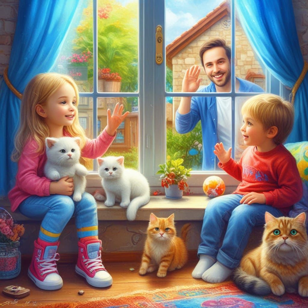 Kids welcoming father coming back home in the evening