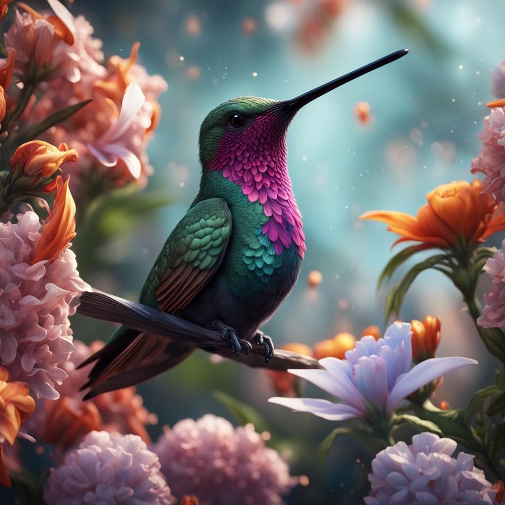 Hummingbird Among Flowers in Detailed Matte Painting
