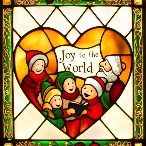 joyful Christmas colors, stained glass window threaded with gold filigree and depicting happy carolers singing "Joy to t...