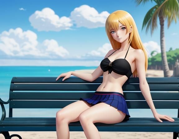 A beautiful girl on a bench at the seaside.