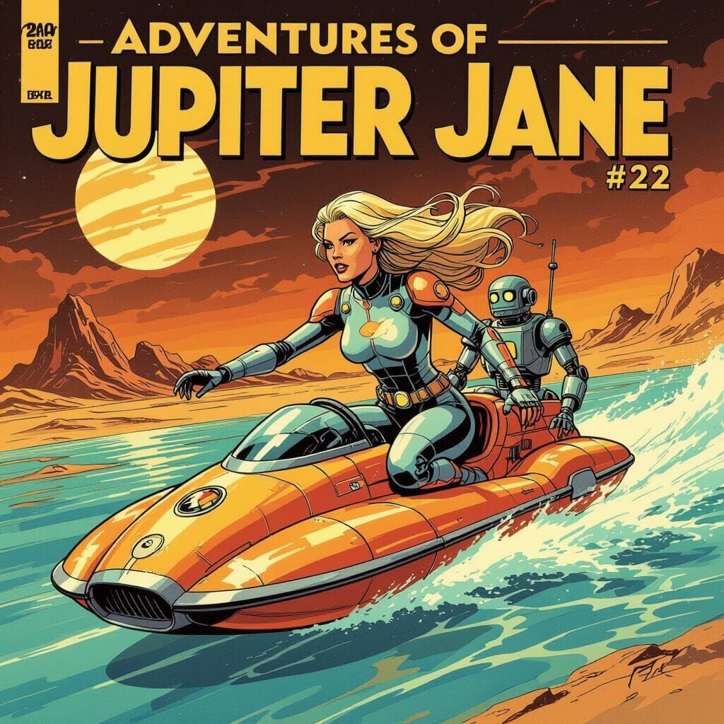 Jupiter Jane Rides Speeder on Water Planet in Fantasy Art St...