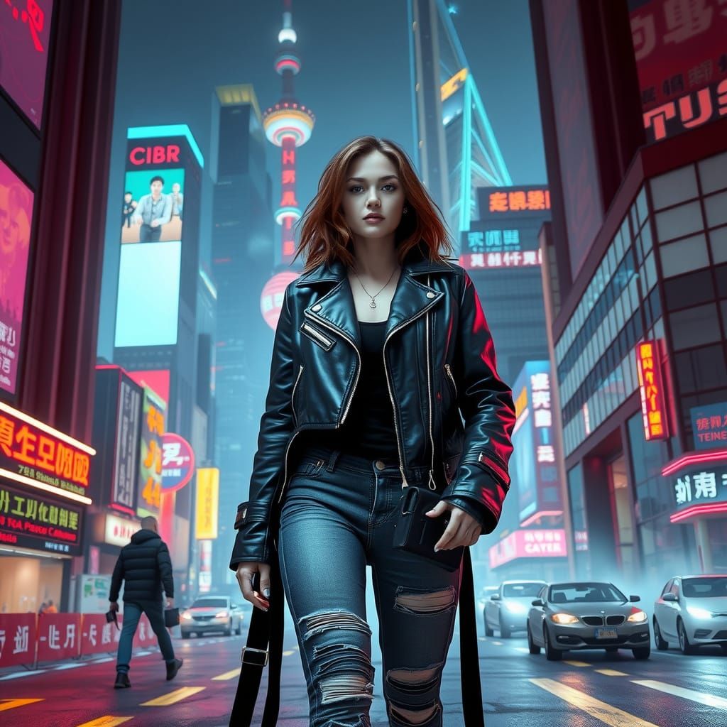 Cyberpunk Woman in Neon Shanghai: Futuristic Cityscape