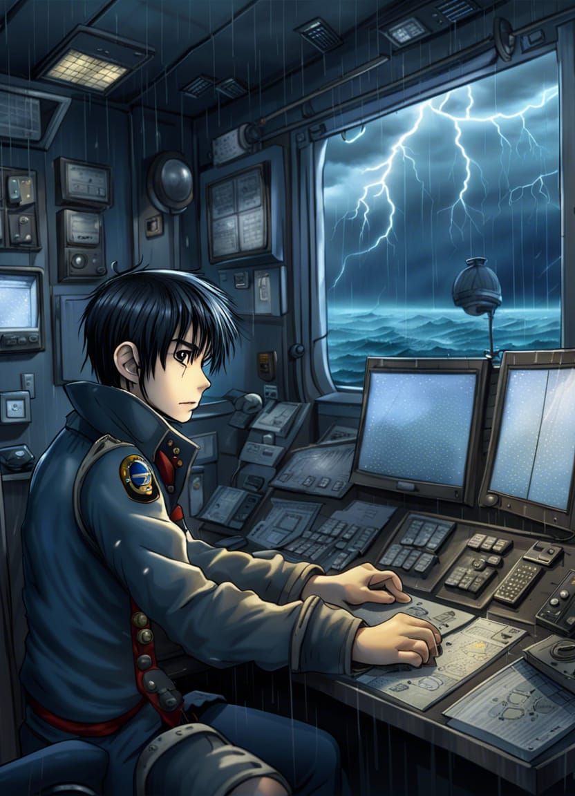 Anime Gothic Harbourmaster in Thunderstorm, Detailed Digital...